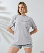 Unisex Bisiklet Yaka Baskılı Slim Fit T-Shirt - Boyalı Gri thumbnail 3
