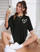 Kadın Bisiklet Yaka Baskılı Oversize T-Shirt - Siyah - 1