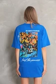 Unisex Bisiklet Yaka Baskılı Oversize T-Shirt - Mavi - 7