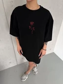 Unisex Bisiklet Yaka Baskılı Oversize T-Shirt - Siyah thumbnail 1