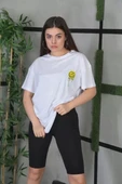 Unisex Bisiklet Yaka Baskılı Oversize T-Shirt - Beyaz thumbnail 1