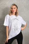 Unisex Taş Desenli Oversize T-Shirt - Beyaz - 1