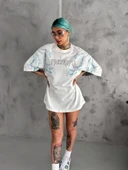 Unisex Bisiklet Yaka Baskılı Oversize T-Shirt - Beyaz thumbnail 2