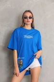 Unisex Bisiklet Yaka Baskılı Oversize T-Shirt - Mavi - 1