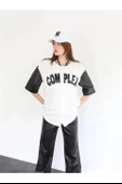 Kadın Complex Kolları Deri Kolej Oversize T-shirt - Beyaz thumbnail 2