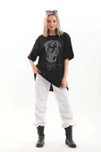 Unisex Taş Desenli Oversize T-Shirt - Siyah - 8
