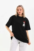 Unisex Baskılı Oversize T-Shirt - Siyah - 4