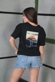 Unisex Bisiklet Yaka Baskılı Oversize T-Shirt - Siyah thumbnail 2