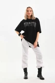 Unisex Taş Desenli Oversize T-Shirt - Siyah thumbnail 5