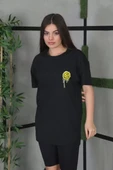Unisex Bisiklet Yaka Baskılı Oversize T-Shirt - Siyah thumbnail 1
