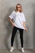 Unisex Taş Desenli Oversize T-Shirt - Beyaz thumbnail 5
