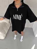 Unisex Yarım Fermuarlı Baskılı T-Shirt - Siyah - 1