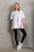 Unisex Taş Desenli Oversize T-Shirt - Beyaz - 7