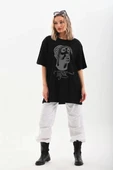 Unisex Taş Desenli Oversize T-Shirt - Siyah - 6