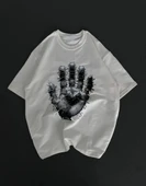 Unisex Bisiklet Yaka Baskılı Oversize T-Shirt - Beyaz - 1