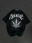 Unisex Bisiklet Yaka Baskılı Oversize T-Shirt - Siyah thumbnail 2