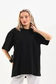 Unisex Bisiklet Yaka 20/1 Düz Oversize T-Shirt - Siyah thumbnail 1