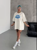 Unisex Bisiklet Yaka Baskılı Oversize T-Shirt - Beyaz thumbnail 1
