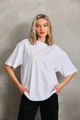 Unisex Bisiklet Yaka 20/1 Düz Oversize T-Shirt - Beyaz thumbnail 2