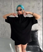 Unisex Yarım Fermuarlı Düz Oversize T-Shirt - Siyah thumbnail 2
