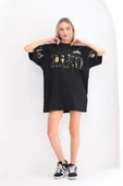 Unisex Bisiklet Yaka Baskılı Oversize T-Shirt - Siyah thumbnail 1
