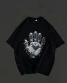 Unisex Bisiklet Yaka Baskılı Oversize T-Shirt - Siyah thumbnail 1