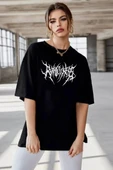 Unisex Bisiklet Yaka Baskılı Oversize T-Shirt - Siyah thumbnail 1