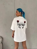 Unisex Bisiklet Yaka Baskılı Oversize T-Shirt - Beyaz thumbnail 2