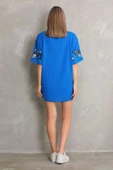 Unisex Bisiklet Yaka Baskılı Oversize T-Shirt - Mavi - 6