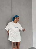 Unisex Bisiklet Yaka Baskılı Oversize T-Shirt - Beyaz thumbnail 2
