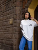 Unisex Bisiklet Yaka Baskılı Oversize T-Shirt - Beyaz thumbnail 4