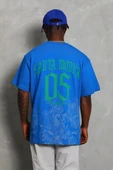 Unisex Oversize Baskılı Bisiklet Yaka T-Shirt - Mavi - 5