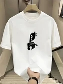 Rahat Bisiklet Yaka Tişört, Yaratıcı Karikatür Baskı - Yumuşak Polyester, Her Mevsim Giyilebilir- Beyaz - 1