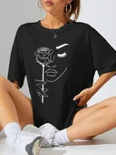 Kadın Baskılı Oversize T-shirt - Siyah thumbnail 1