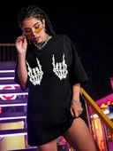 Kadın Baskılı Oversize T-shirt - Siyah - 1