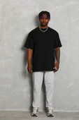 Unisex Oversize Düz Bisiklet Yaka T-Shirt - Siyah - 1