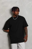 Unisex Oversize Düz Bisiklet Yaka T-Shirt - Siyah - 3