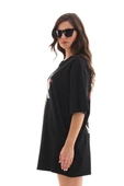 Unisex Bisiklet Yaka Baskılı Oversize T-Shirt - Siyah thumbnail 2