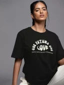 Kadın Baskılı Oversize T-shirt - Siyah - 1