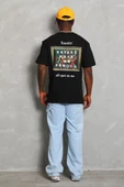 Unisex Oversize Baskılı Bisiklet Yaka T-Shirt - Siyah - 4