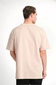 Erkek 24/1 Düz A Kalite Oversize T-shirt - Bej thumbnail 2