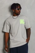 Unisex Oversize Baskılı Bisiklet Yaka T-Shirt - Gri - 1