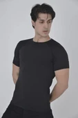 Erkek Omuz Fileli Slim Fit T-shirt - Siyah thumbnail 2