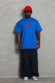 Unisex Oversize Baskılı Bisiklet Yaka T-Shirt - Mavi - 2