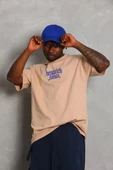 Unisex Oversize Baskılı Bisiklet Yaka T-Shirt - Bej - 1