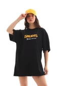 Unisex Bisiklet Yaka Baskılı Oversize T-Shirt - Siyah thumbnail 6