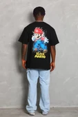 Unisex Oversize Baskılı Bisiklet Yaka T-Shirt - Siyah - 5