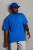 Unisex Oversize Baskılı Bisiklet Yaka T-Shirt - Mavi - 1