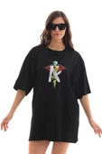 Unisex Bisiklet Yaka Baskılı Oversize T-Shirt - Siyah thumbnail 7
