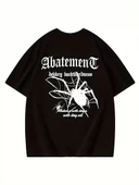 Örümcek Ağı Desenli Baskılı Oversize Bisiklet Yaka T-shirt - Siyah thumbnail 3